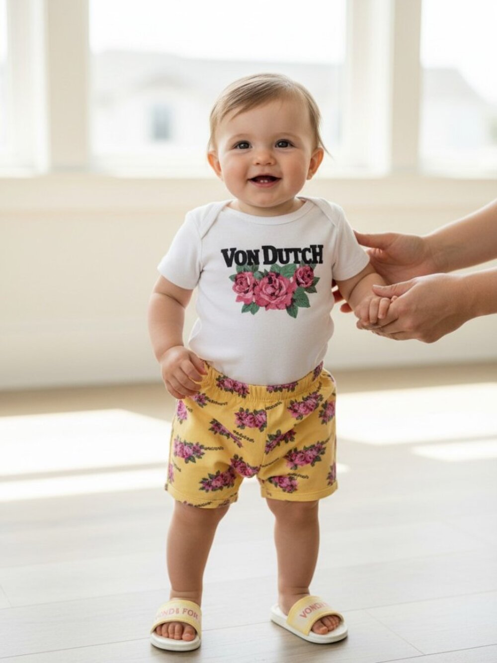 Von Dutch Baby 3Pc Floral Bodysuit Shorts & Sandals Set Size 6M